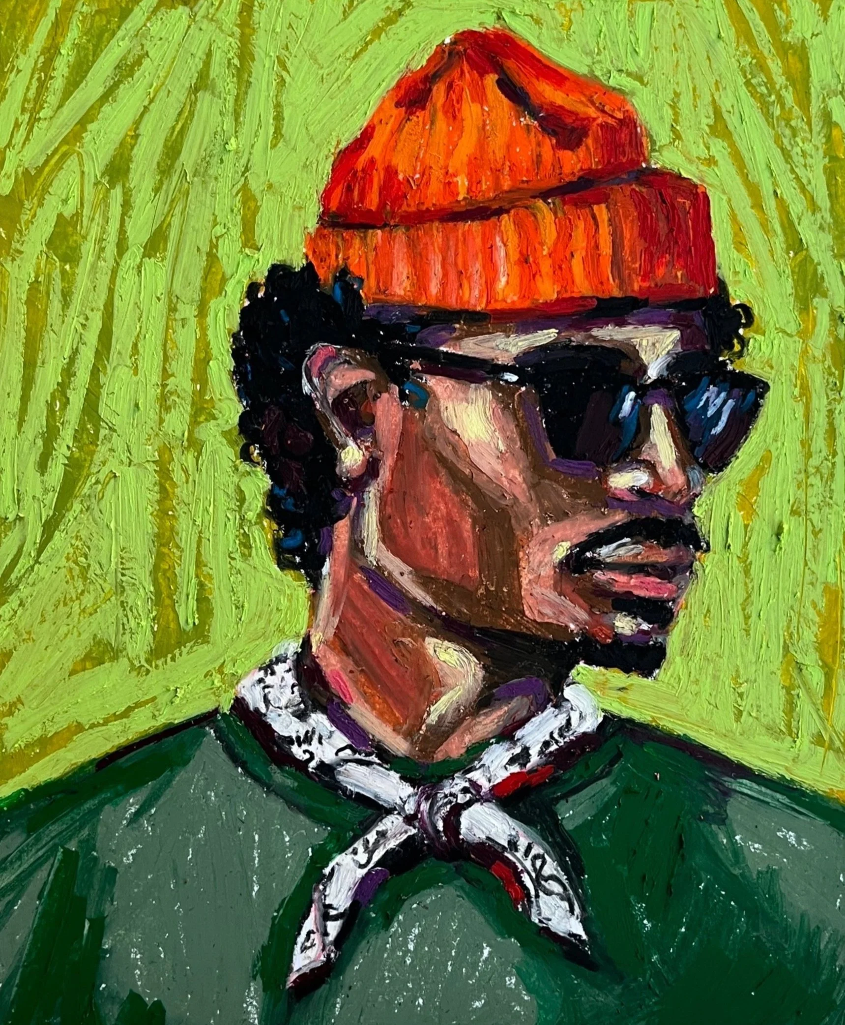 A colorful oil pastel portrait of a man wearing a bright orange beanie, sunglasses, and a green shirt with a patterned bandana around his neck, painted in an expressive, brushstroke style.