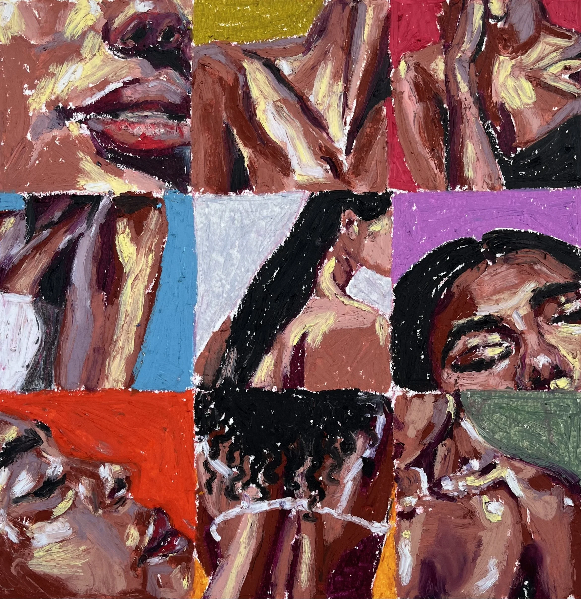 Oil pastel drawing of multiple women with various skin tones, shown in different poses, with vibrant colors divided into sections, like a collage.