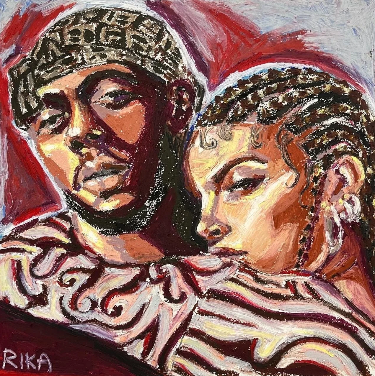 An expressive oil pastel drawing of two individuals close together. One wears a beanie hat and has dark skin, while the other has lighter skin and curly hair. The artwork uses bold pastel marks and warm colors.
