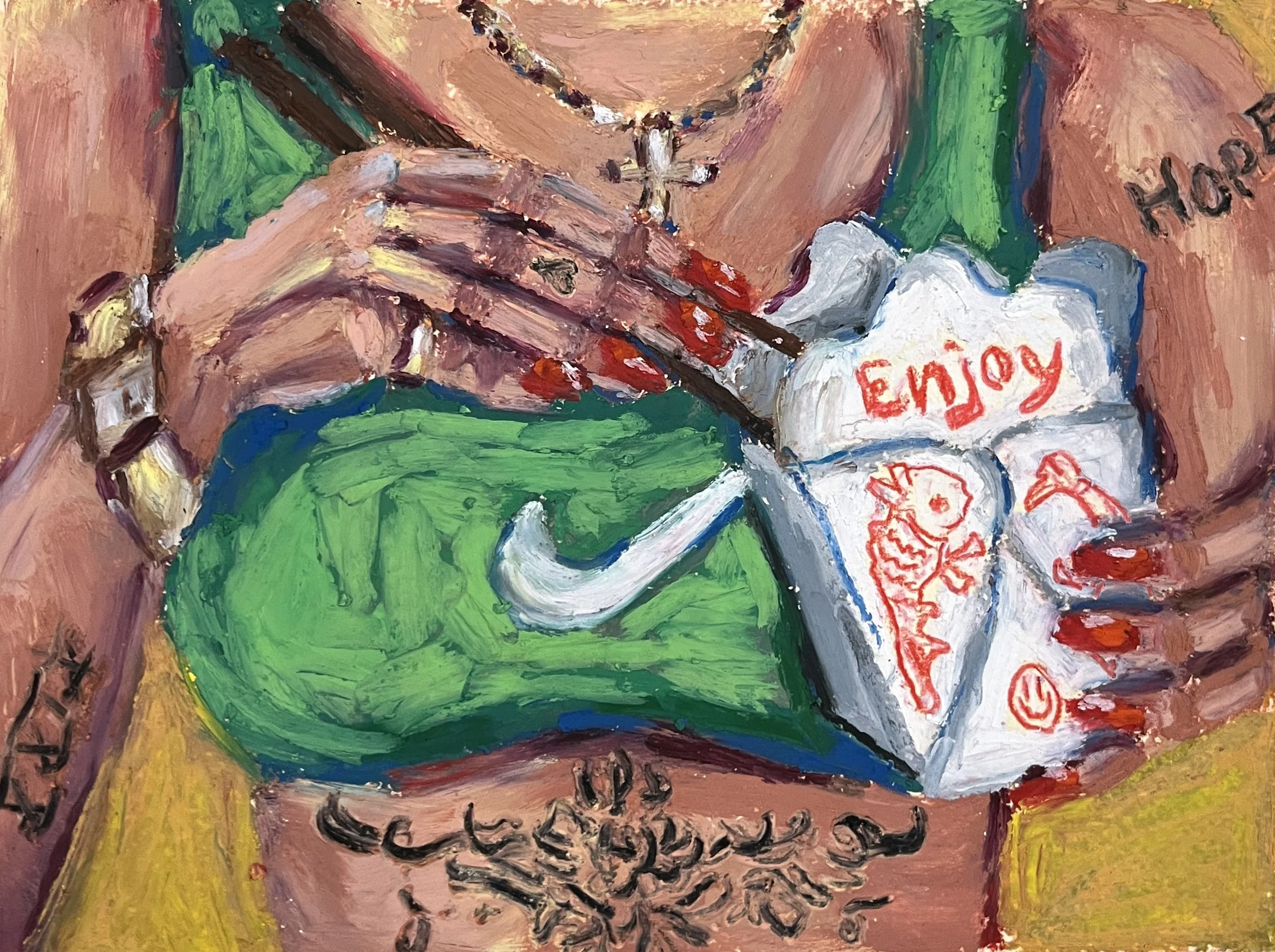 A painting of a woman's hands with red nails holding a spoon and a paper bag with the word "Enjoy" written on it, decorated with a fish and an arrow. The woman is wearing a green shirt and a gold ring, and there is a necklace with a cross. Part of her chest and shoulders are visible. The background includes a yellow and brown surface.