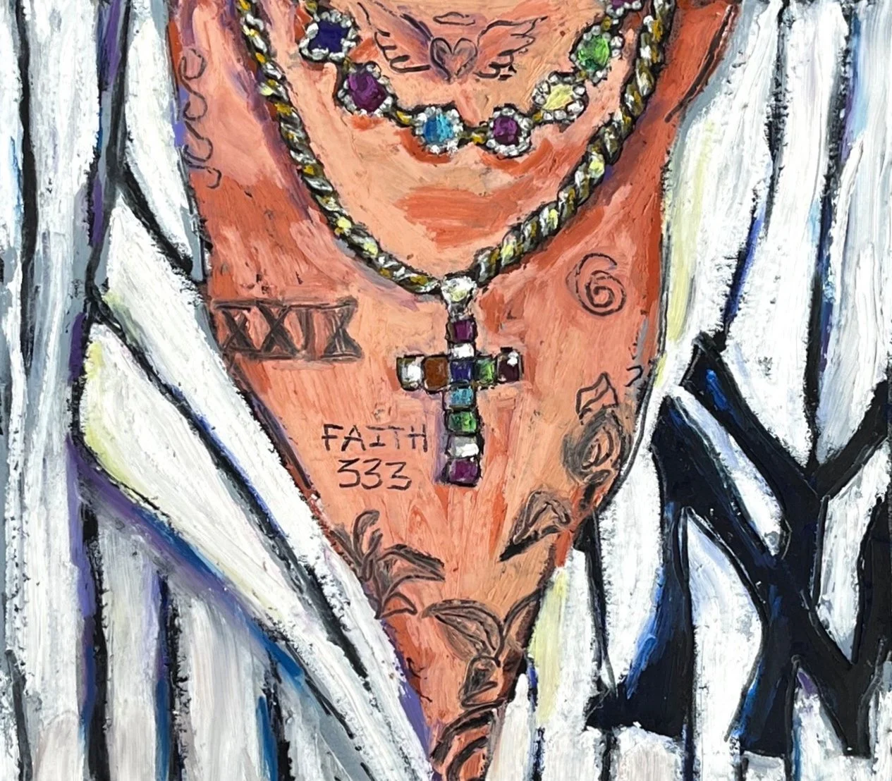 Close-up oil pastel drawing of a person's chest and neck, adorned with multiple necklaces, including a cross, tattoos, and tattoos resembling symbols and words, with a baseball white shirt collar and background.