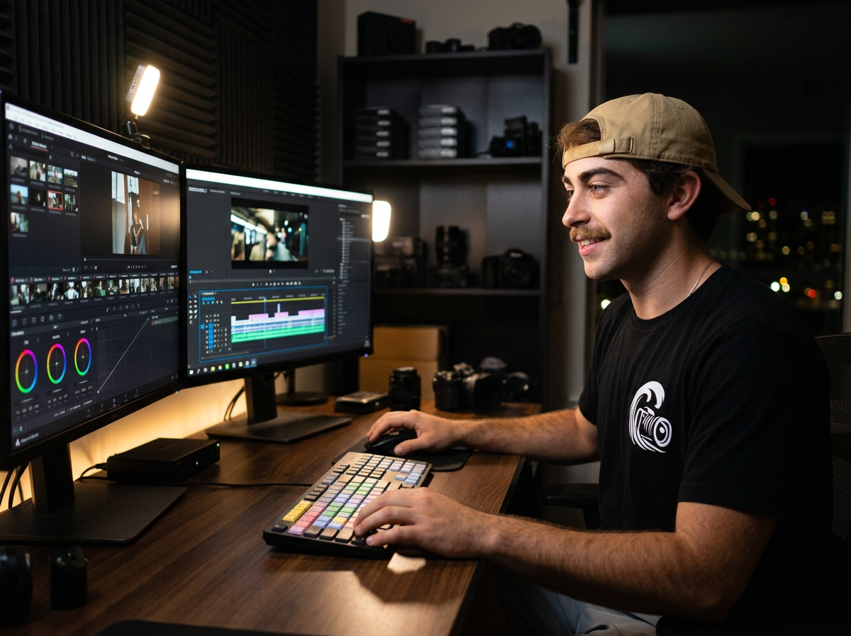 Young man working on video editing at a dual-monitor computer setup in a dimly lit room, wearing a backward baseball cap and black t-shirt with a camera logo, surrounded by camera equipment.