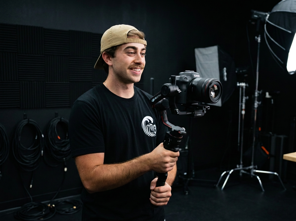 A young man smiling, holding a camera mounted on a stabilizer in a photography studio with lighting equipment and cables in the background.