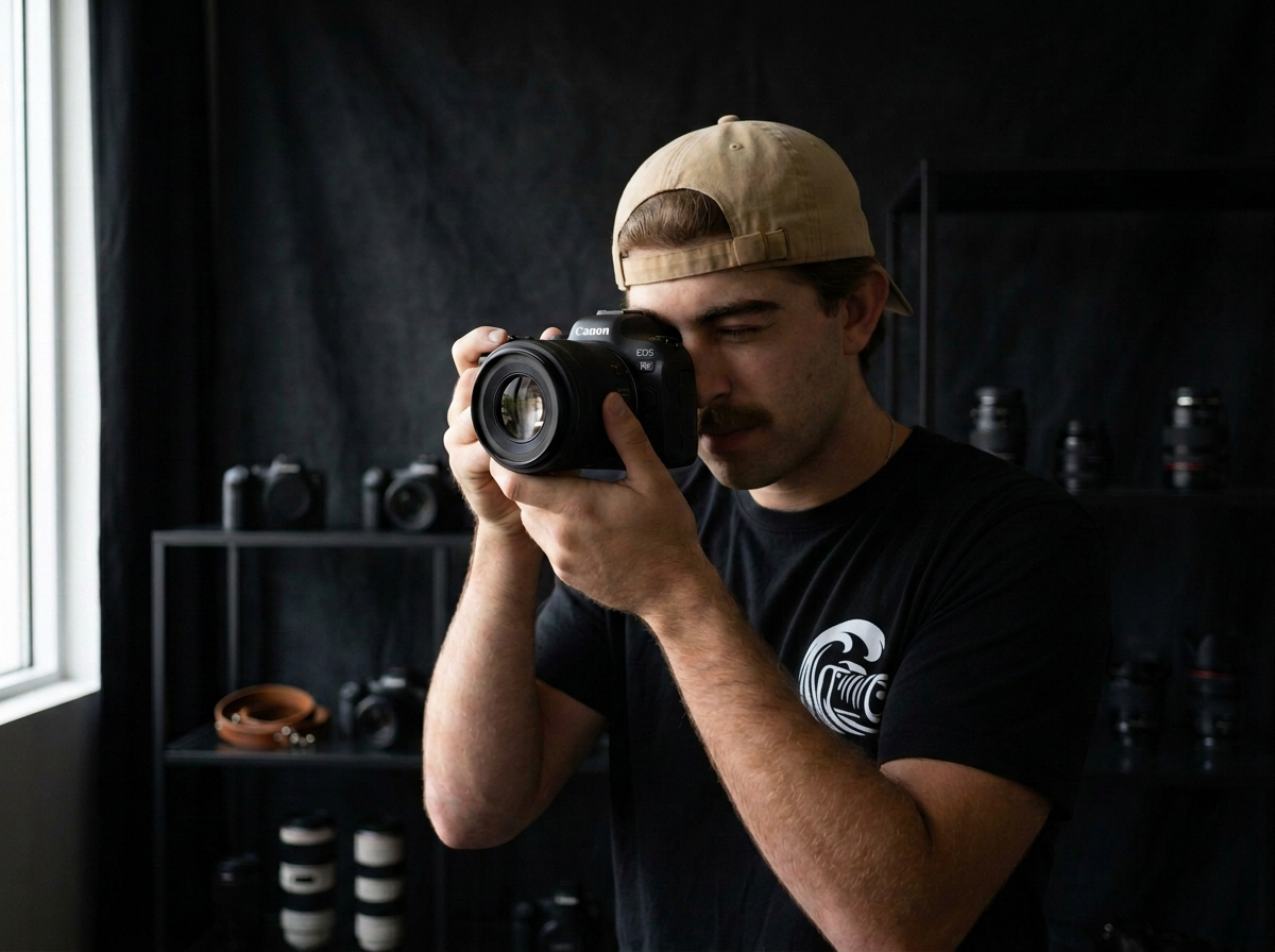 A young man with a beige cap and black t-shirt aiming a Canon EOS R5 camera, taking a photo indoors, with a black wall and camera lenses in the background.