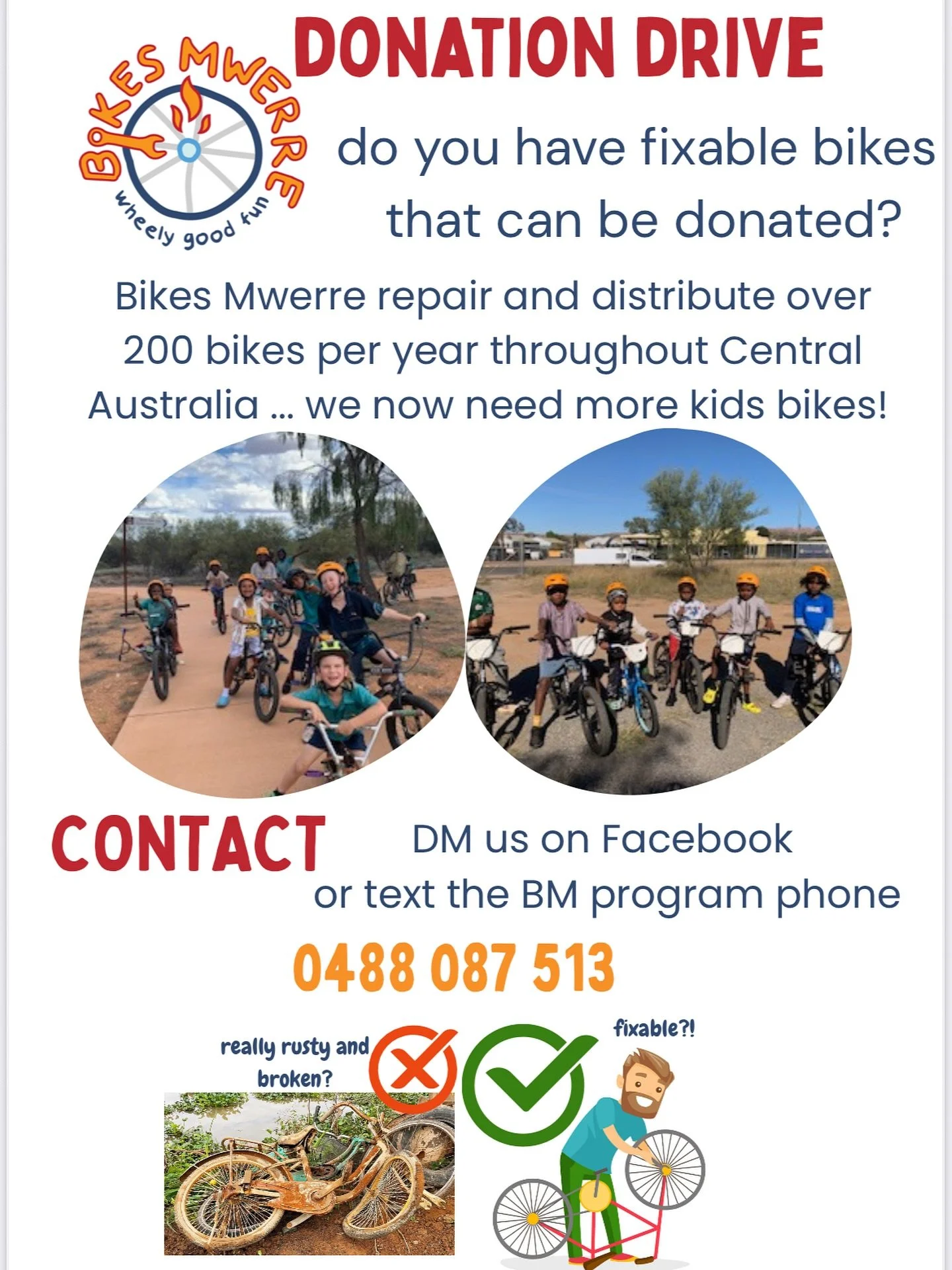 Got repairable bikes that need a new home? We can take them off your hands! Already we had 3 bikes donated from a community member, so thank you! 

Are you outside of the NT or even up in Darwin? Then we have sponsors for freight that can support the