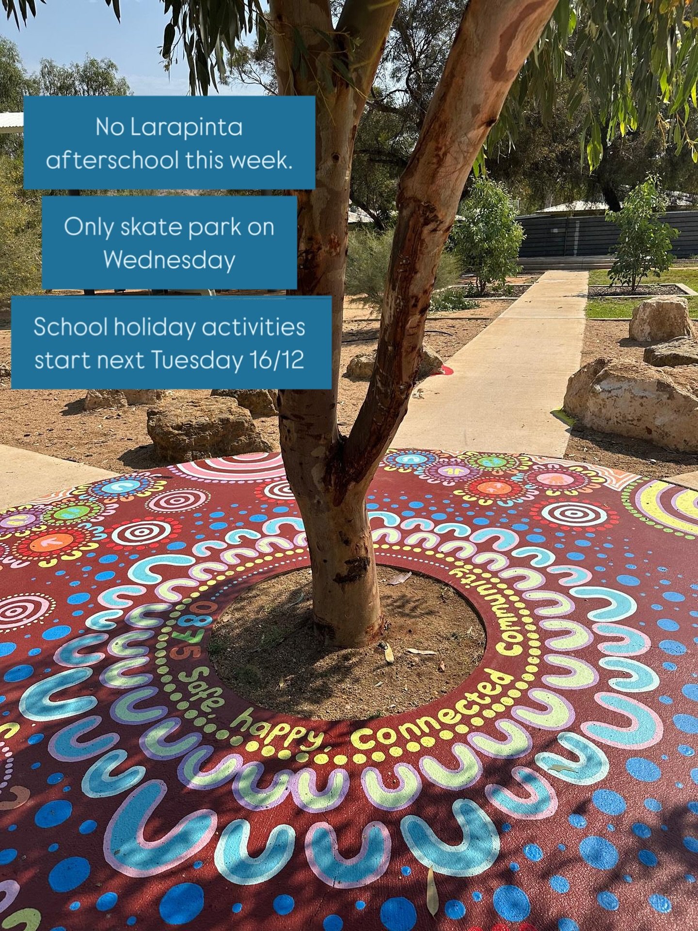 This week is our Last week of Term 4 - we will only be at the skate park this week on Wednesday 4 pm - 6 pm. No Larapinta afterschool. 

This week we are prepping for a huge 6 weeks of holiday programming starting next Tuesday 16/12/2025. 

Our activ