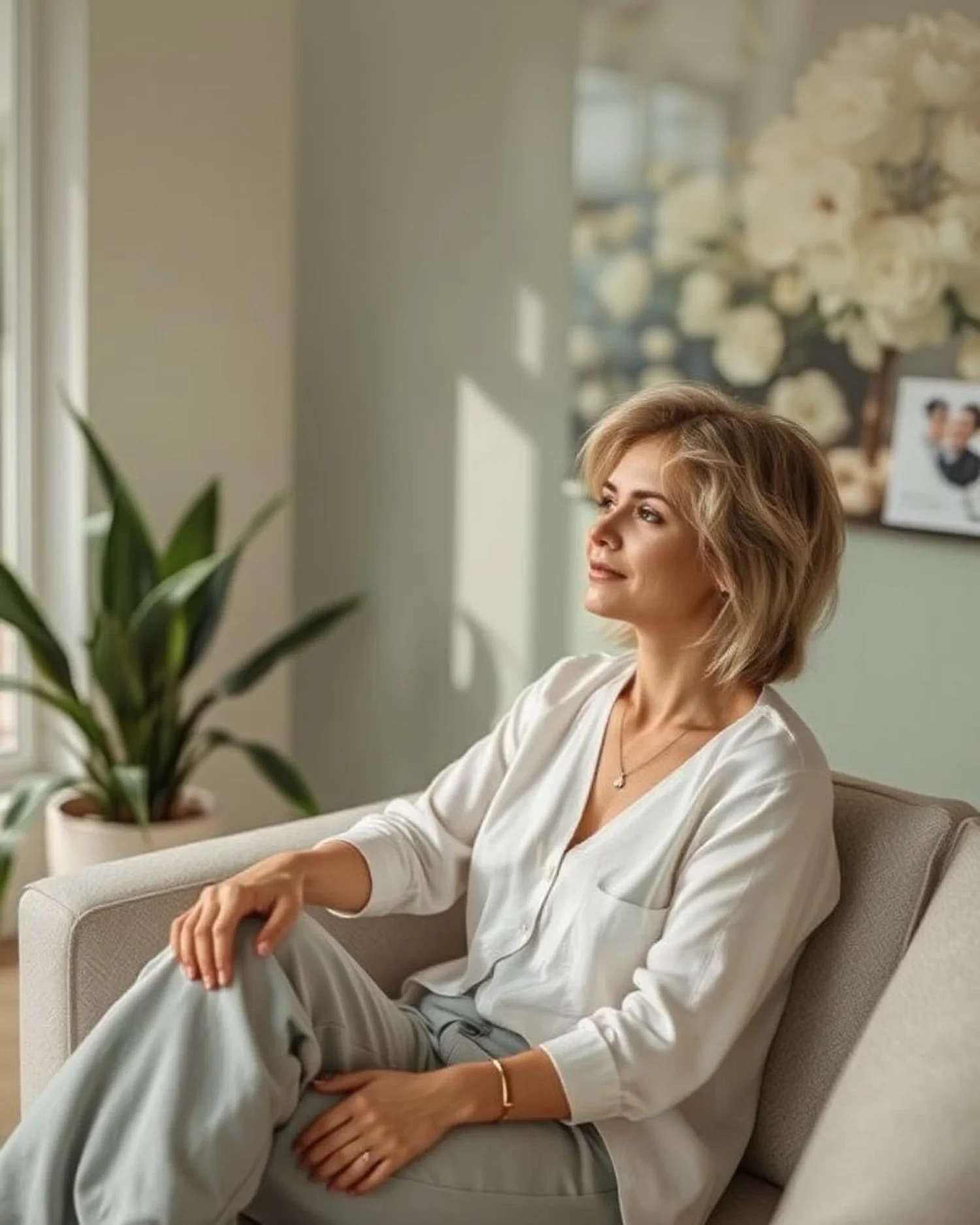 Person sitting calmly in a comfortable home environment