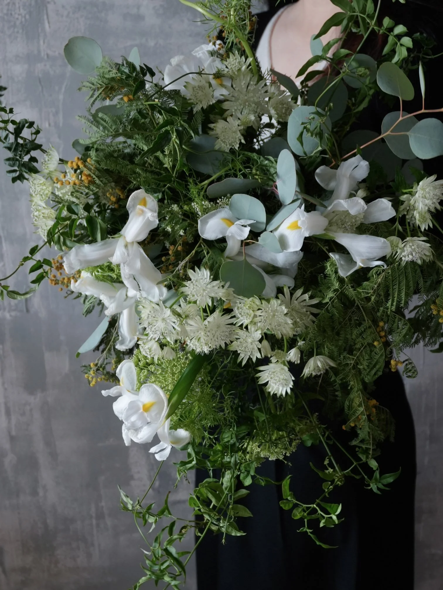 Organic White Iris Bouquet with Seasonal Greenery.jpeg