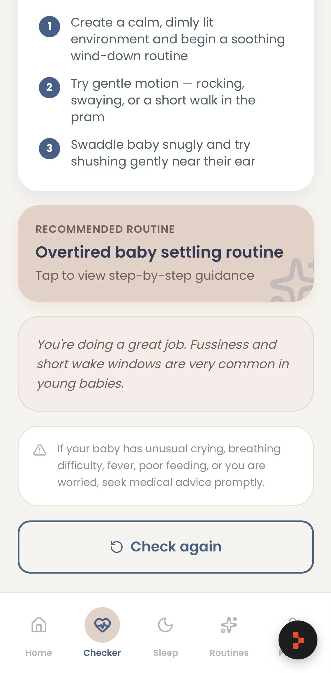 Mobile app screen displaying baby soothing routine instructions, including creating a calm environment, gentle motions, and swaddling, with a section for tracking an overtired baby and additional guidance.