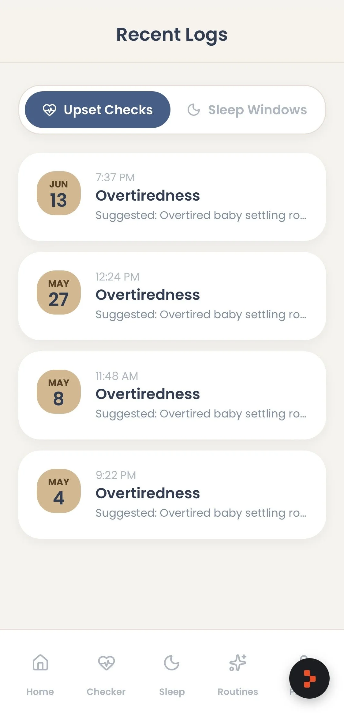 Mobile app screen displaying recent logs of over tiredness with dates and times, showing entries for June 13 and May 4, 8, 27, and 13.