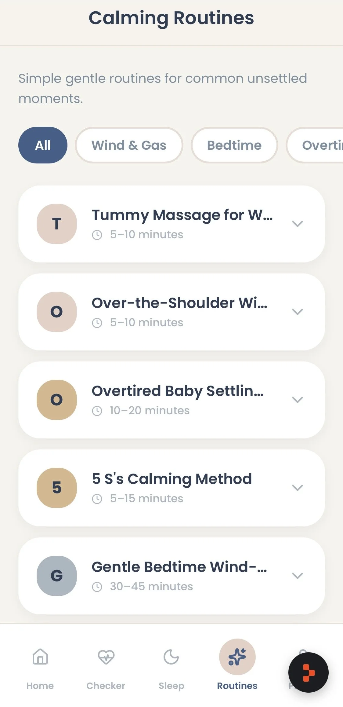 Mobile app screen displaying calming routines section with various routines such as tummy massage, over-the-shoulder wind, over-tired baby settling, calming method, and bedtime wind, each with estimated duration.