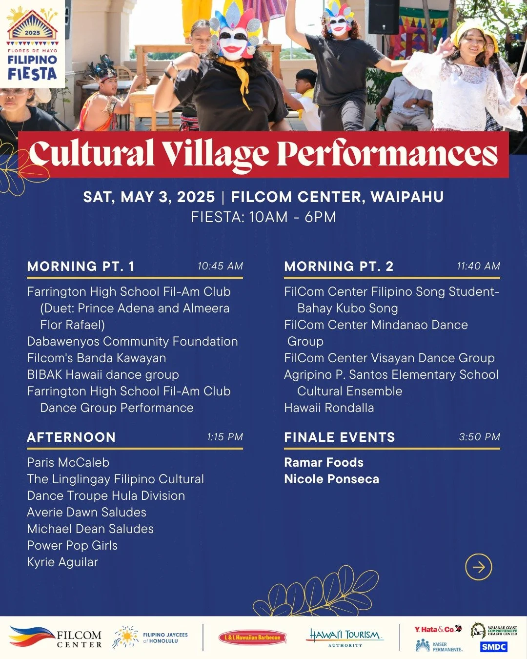 🌿 CULTURAL VILLAGE LINEUP IS HERE! 🇵🇭✨
Celebrate Filipino heritage all day inside the FilCom Center Flores Ballroom with live performances, community showcases, giveaways, and more!

🎤 What to look forward to:
🎶 Farrington High School Fil-Am Clu