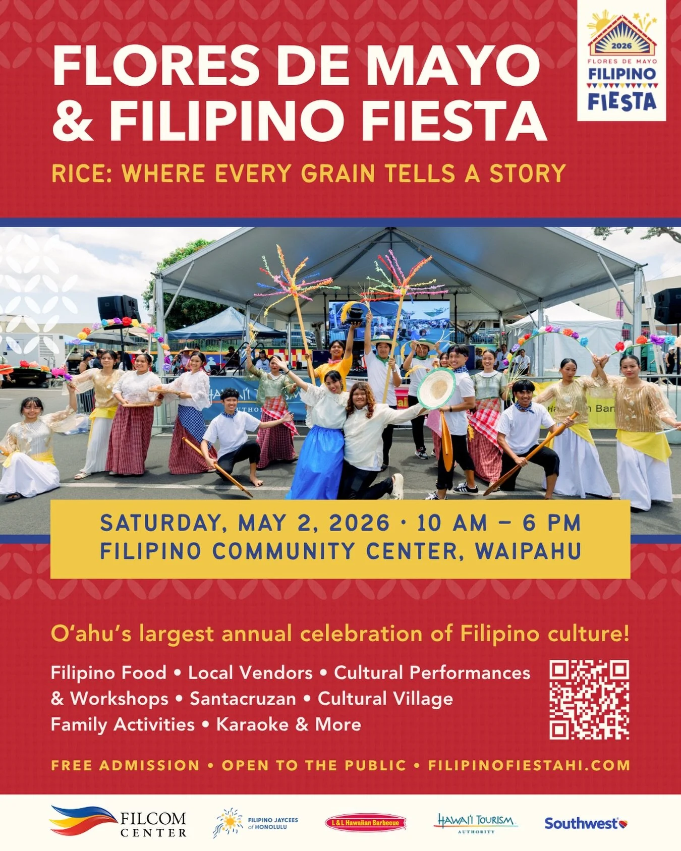 Mark your calendars for the 2026 Flores de Mayo &amp; Filipino Fiesta! 🇵🇭🎉

Celebrate and explore Filipino heritage with a full day of authentic Filipino food, local vendors, cultural performances and workshops, Santacruzan, karaoke, and family-fr