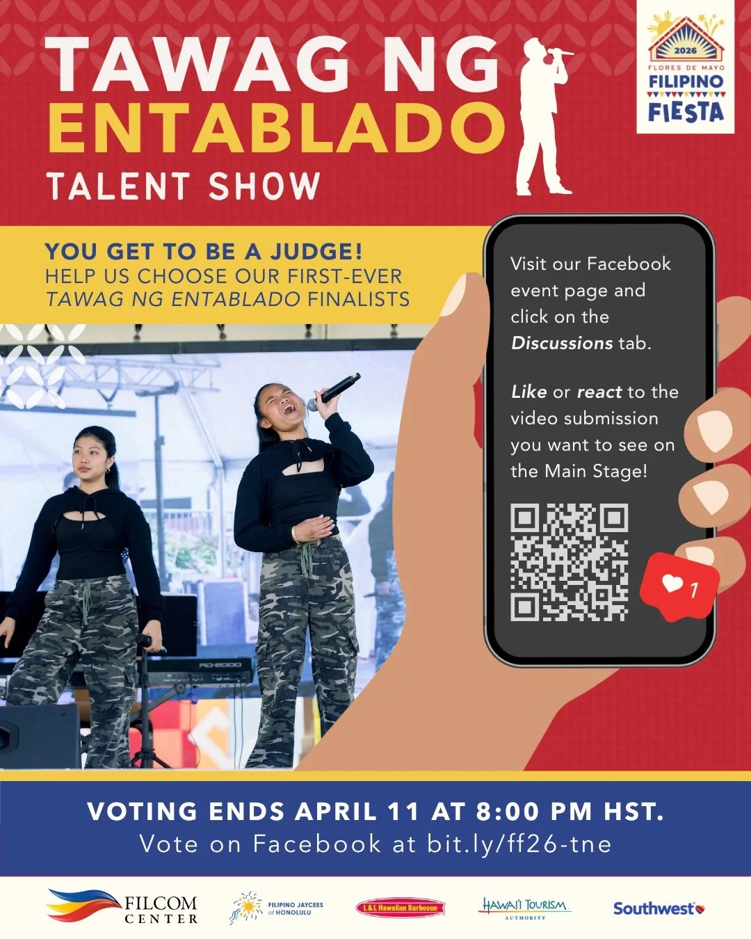 🗳️ VOTING IS STILL OPEN! Help us choose our Tawag ng Entablado finalists 🗳️

Submissions for the talent show are now closed, but public Facebook voting is still being counted.

Show your support by liking your favorite audition video on our Faceboo