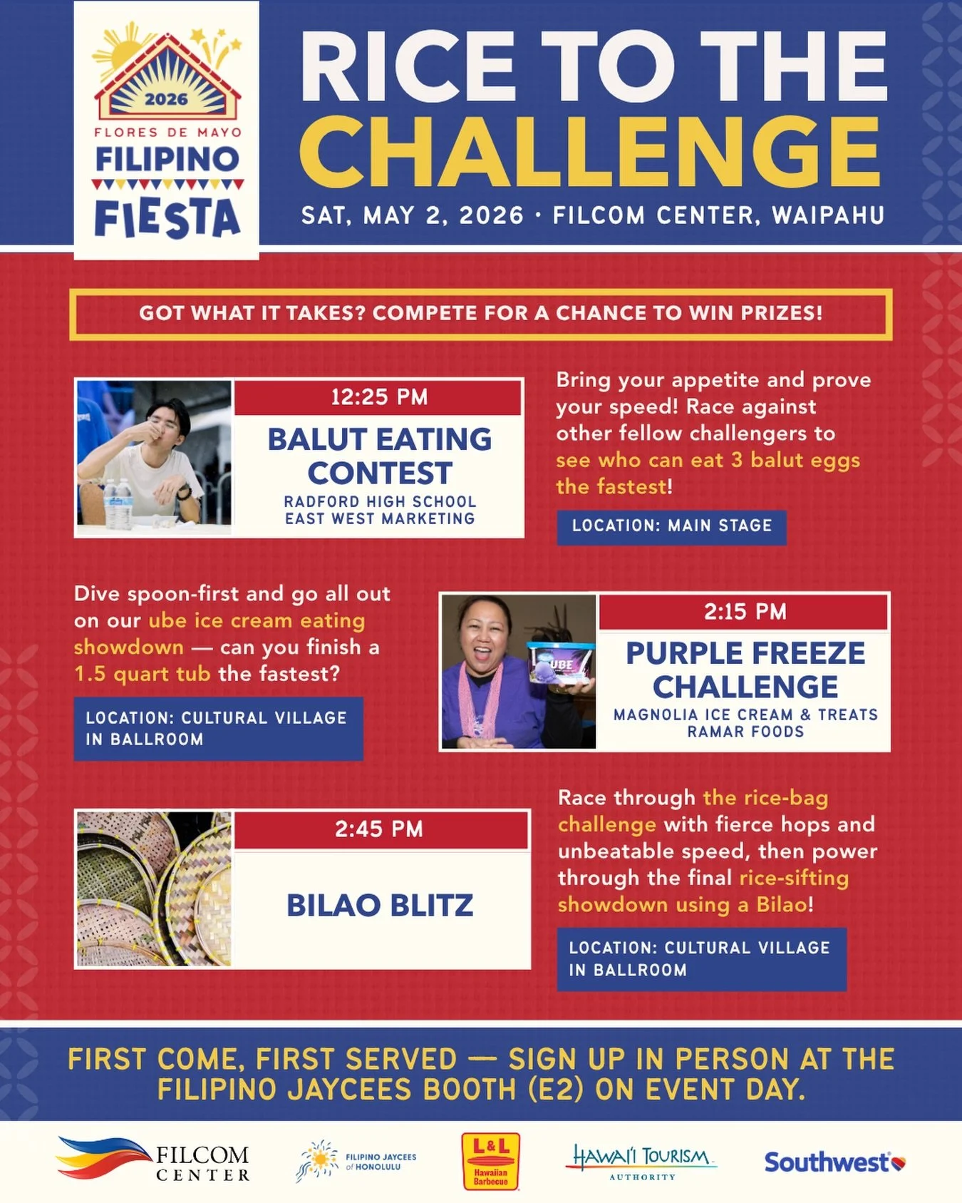 Think you&rsquo;ve got what it takes? 👀

The 2026 Flores de Mayo &amp; Filipino Fiesta is bringing the ultimate showdown with contests you won&rsquo;t want to miss!

🐣 Balut Eating Contest
Hosted by Radford High School and supported by East West Ma