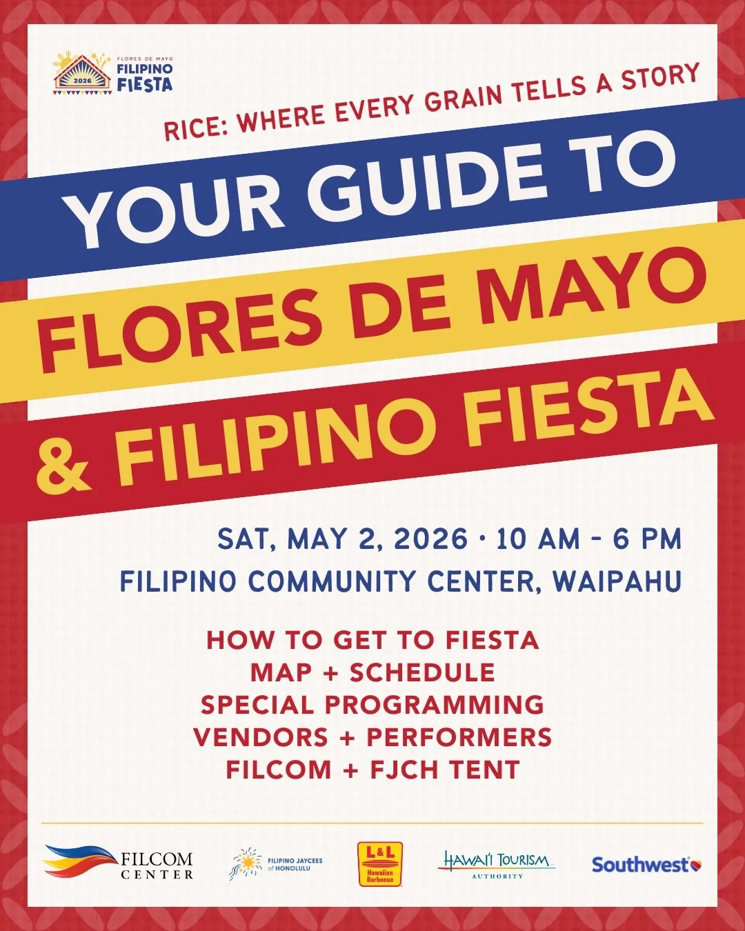 🇵🇭 YOUR GUIDE TO FIESTA IS HERE! ✨
Here&rsquo;s everything you need to know for a full day at the 2026 Flores de Mayo &amp; Filipino Fiesta 🔥

Event Details:
📅 Saturday, May 2, 2026
🕙 10 AM &ndash; 6 PM
📍 Filipino Community Center

Full event a