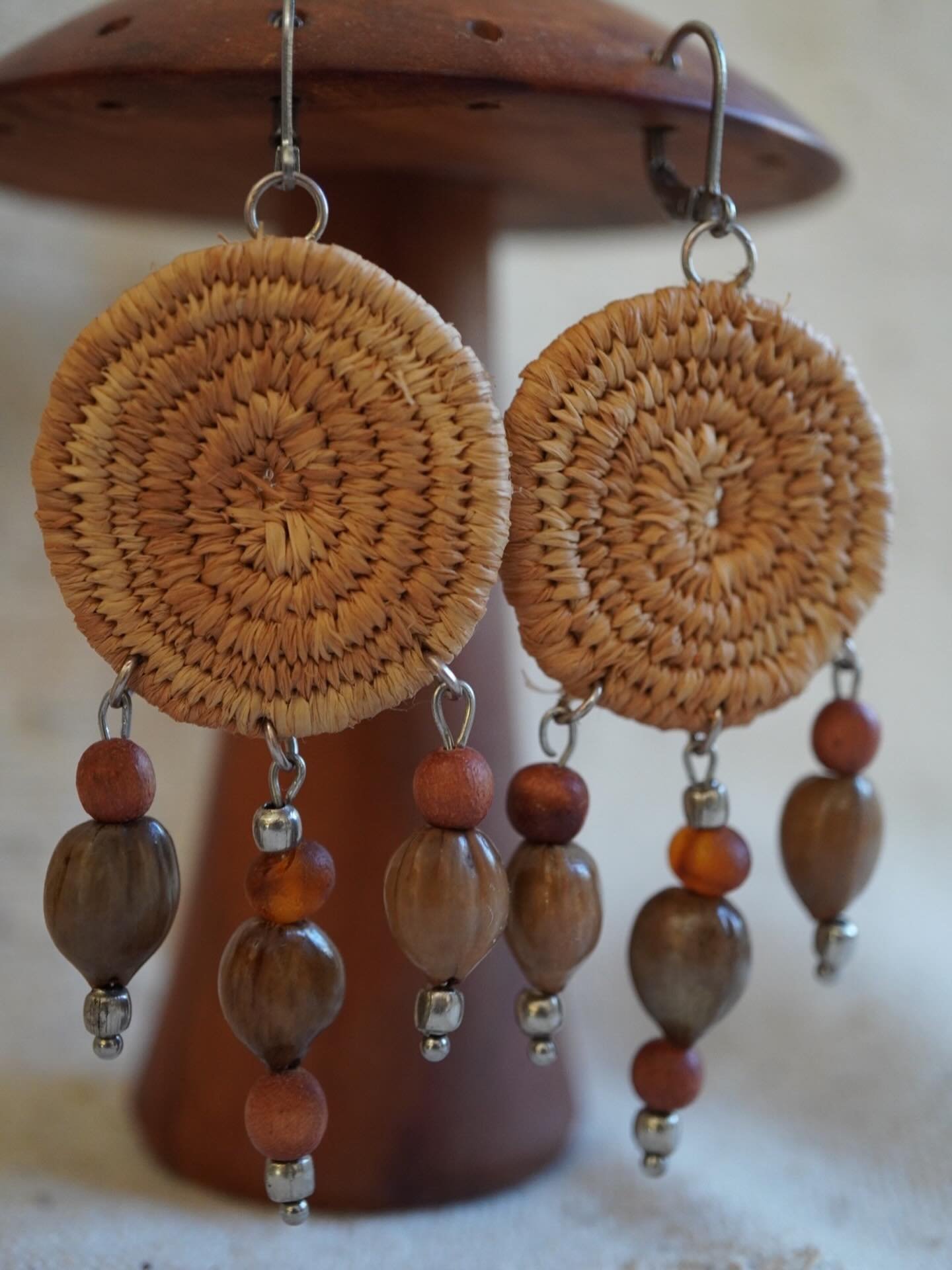 This pair is possibly my favourite pair of dangly earrings. 
I was very excited while at a &ldquo;opshop&rdquo; in France I found 2 jobs tear necklaces one was purple the other brown 🥰
I had found a white one before so was exciting to have some new 