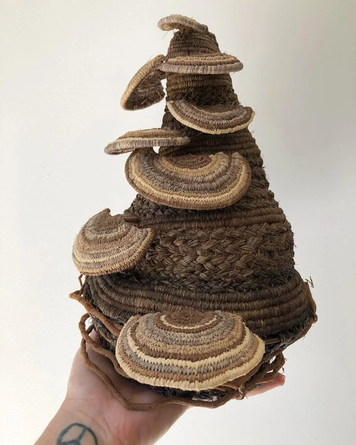 Throw back to 2024 with this piece. 
Mushroom vase. 
Used to be a basket I didn&rsquo;t enjoy at all. 
So I experimented, dyed with iron and wove turkey tail mushrooms. 
It&rsquo;s now a favourite