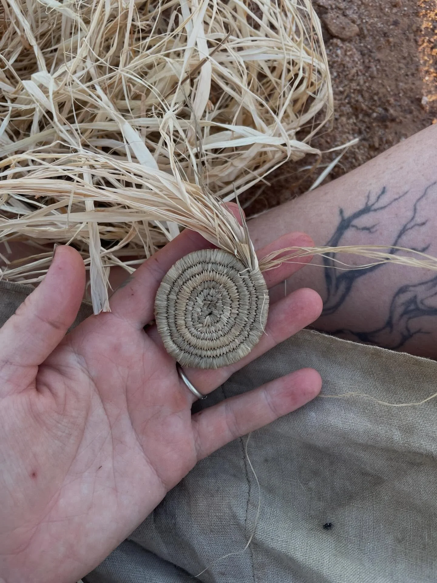 There is something special when your dress and raffia are dyed with the same plant magic. 
Pomegranate skins and iron for gorgeous greens