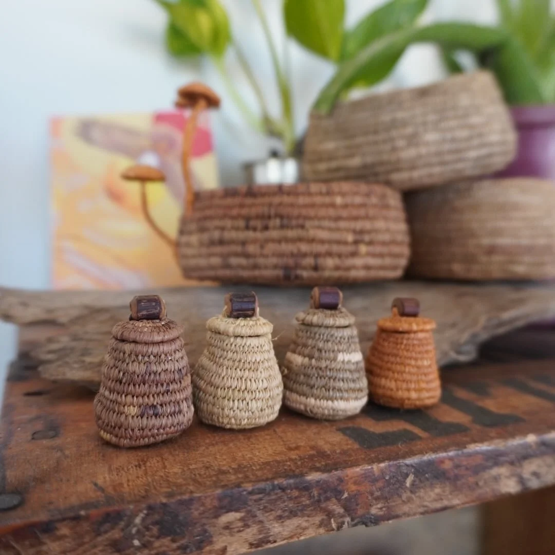 My fingers feel exhausted from tiny weaving but these necklace baskets make my heart full. 
Necklace pouches coming. 
Mushroom baskets are also coming soon. 
I&rsquo;m just undecided on what colour mushrooms 🍄