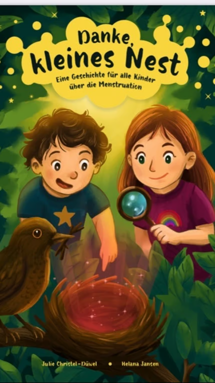 Cover zu "Danke, kleines Nest" von Julie Christel-Düwel. Zwei Kinder sitzen in den Bäumen und schauen sich ein Vogelnest an.