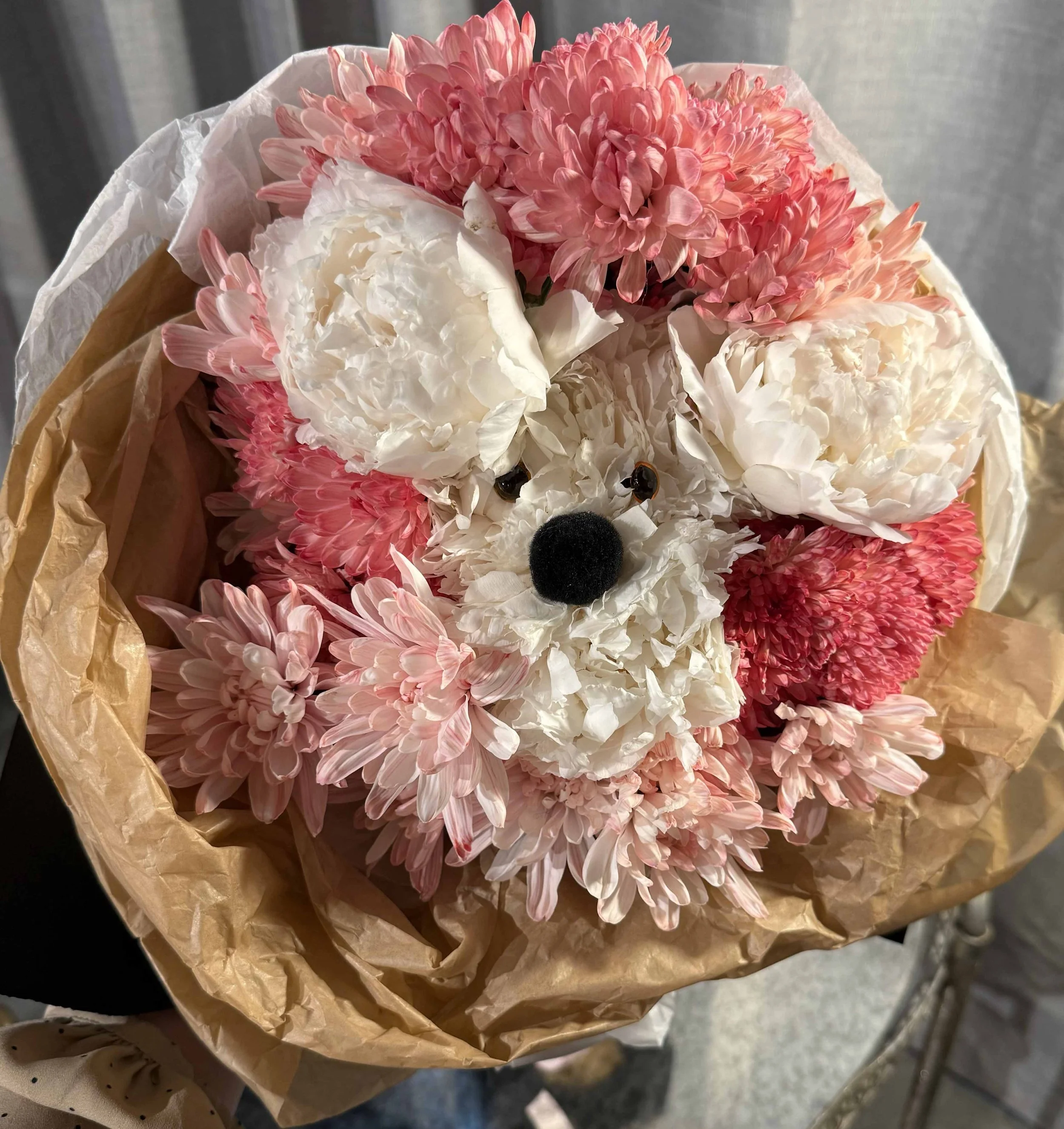 PUPPY bouquet with WHITE PEONIES
