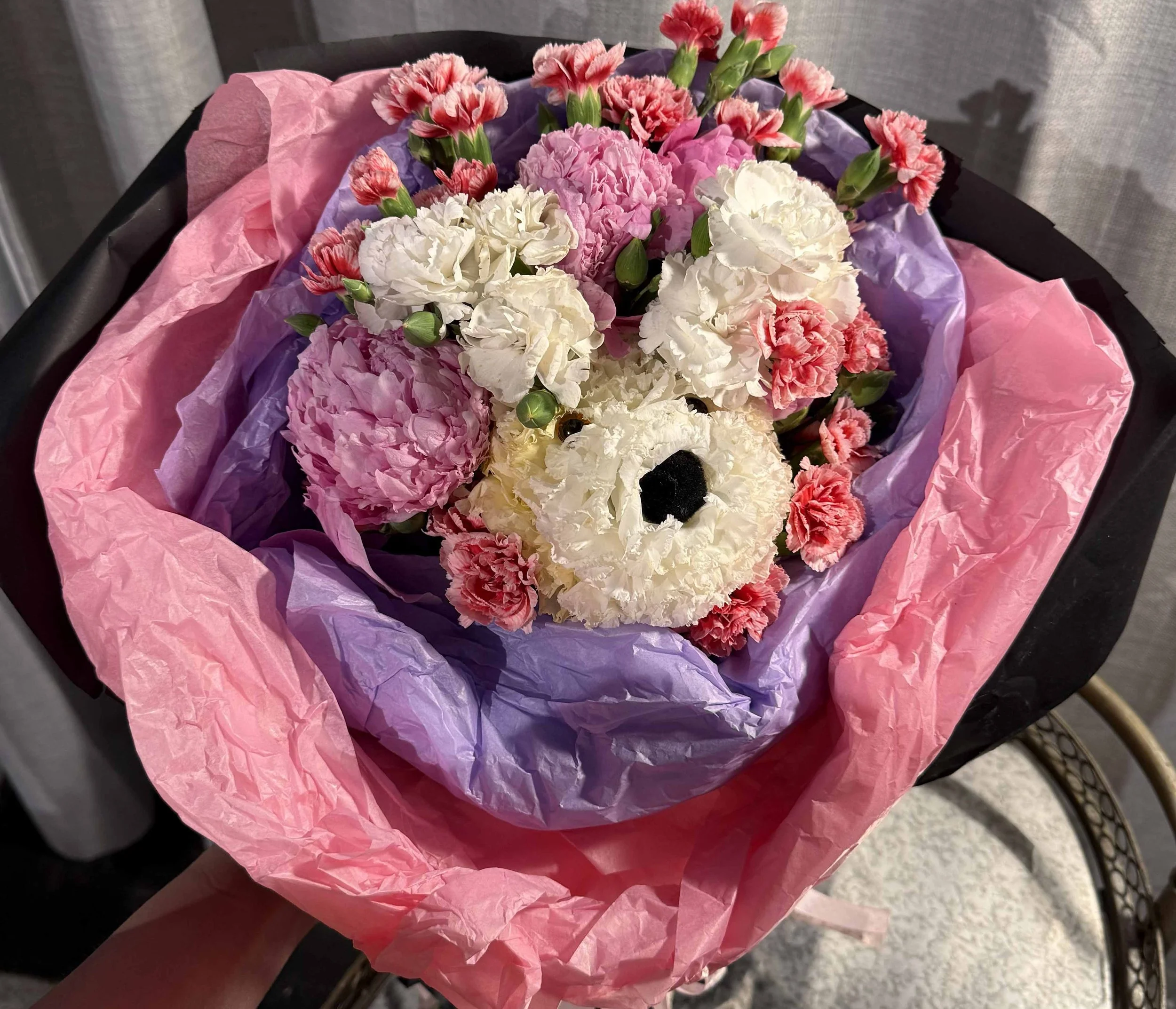 PUPPY bouquet with PINK PEONIES