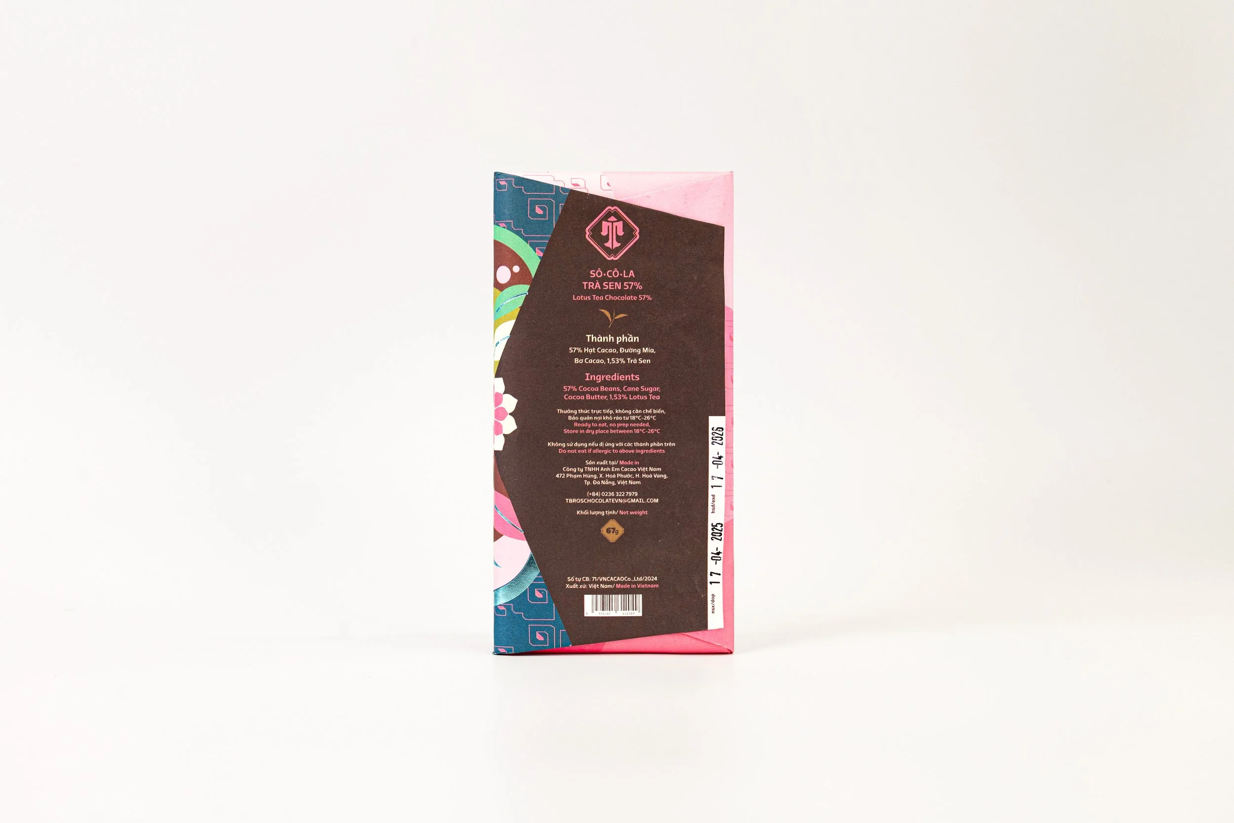 Packaging of Lotus Tea Chocolate with detailed ingredients and product information.