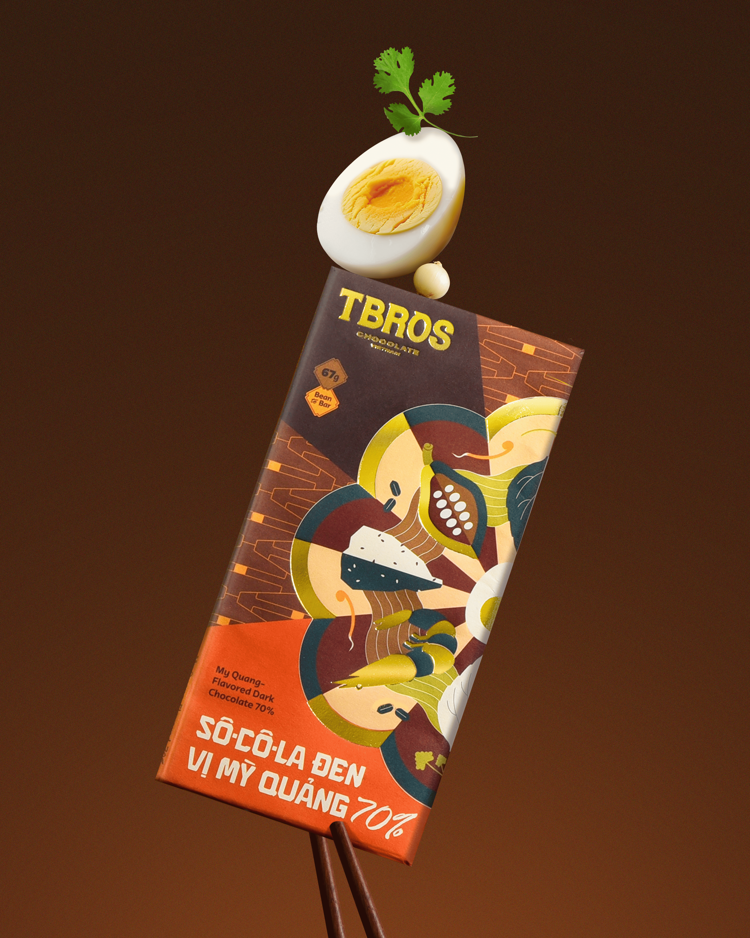 A chocolate bar with colorful abstract art on the packaging, topped with a sliced hard-boiled egg and a sprig of cilantro.