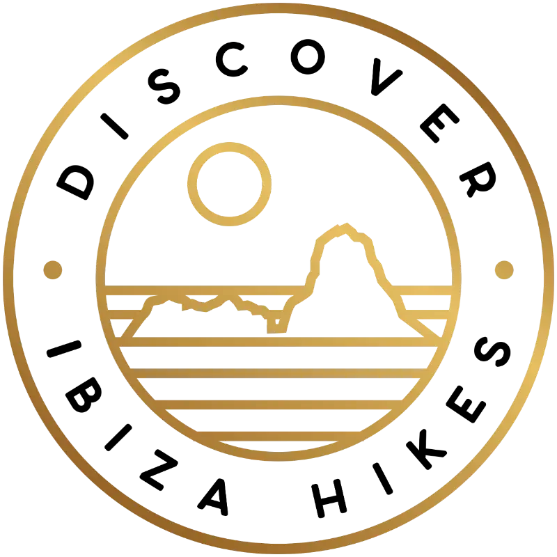 Gold line art of a mountain landscape with the sun, set inside a circular border with simple lines indicating land, water, and mountain peaks.