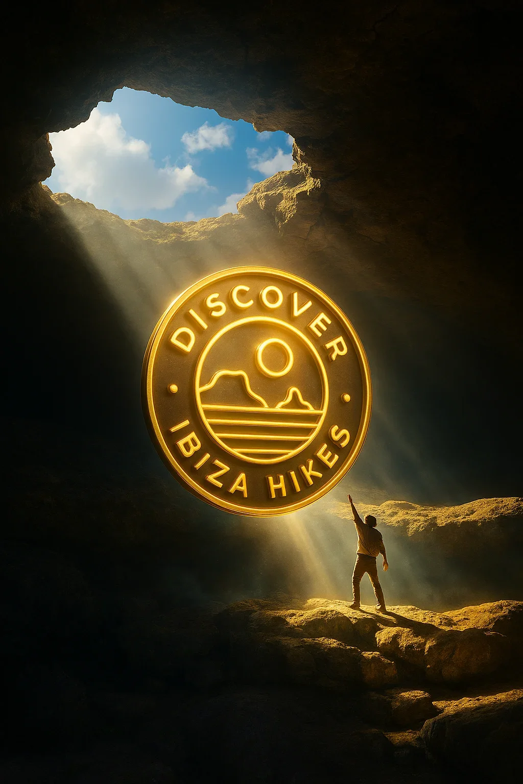 A person in a cave with sunlight streaming in, holding one arm up, with a large golden badge in the foreground that reads 'Discover Ibiza Hikes' and features a landscape with mountains and water.