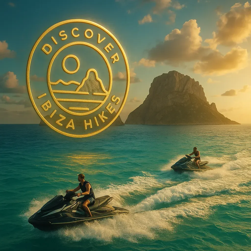 Two people riding jet skis on the ocean near a large rock formation during sunset, with a logo for Discover Ibiza Hikes overlayed.