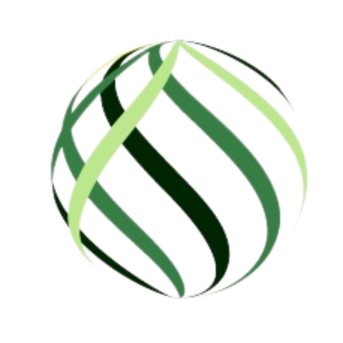 A stylized, spherical logo with green and black curved stripes.