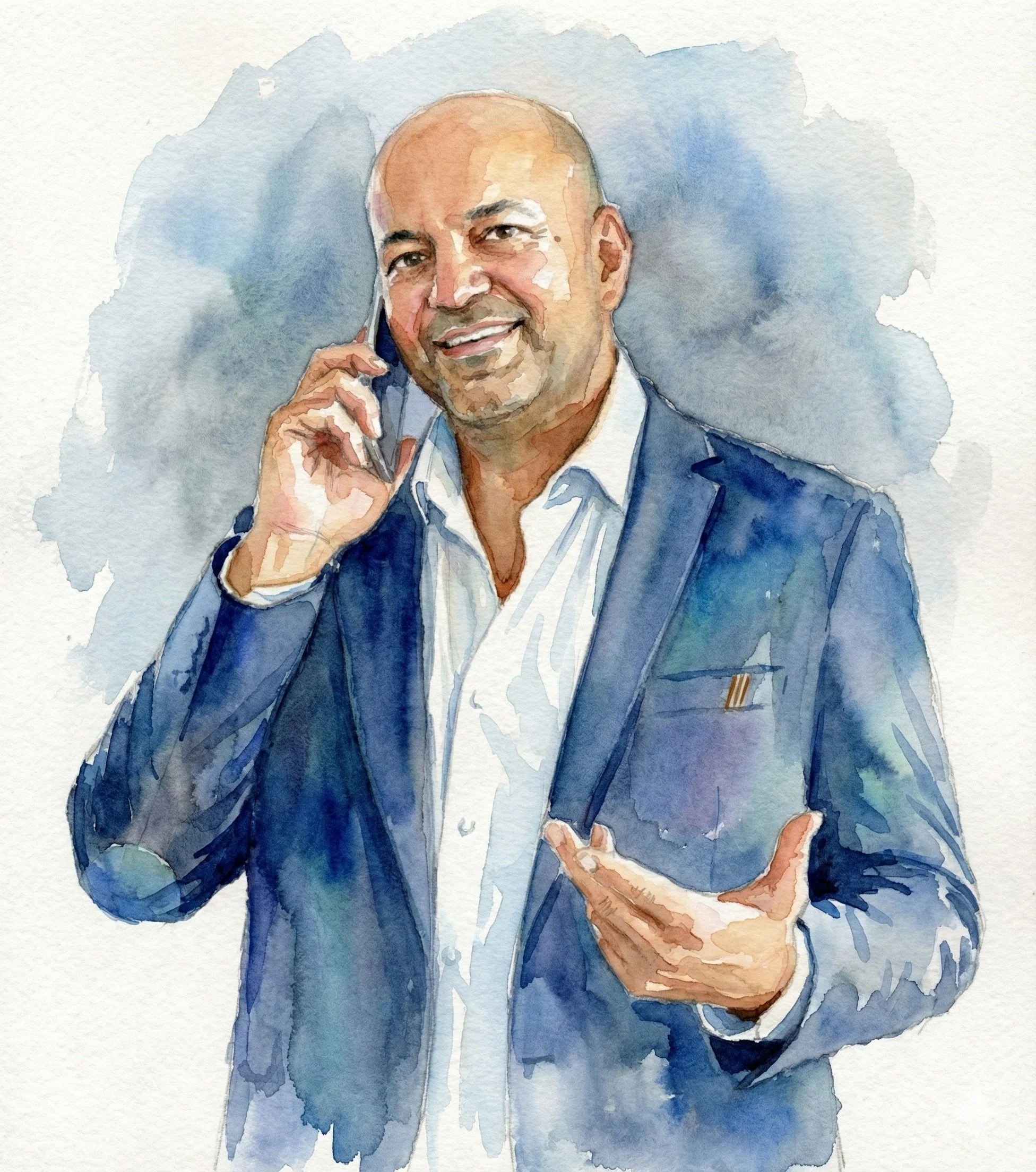 A watercolor portrait of a smiling man in a suit talking on a cellphone.