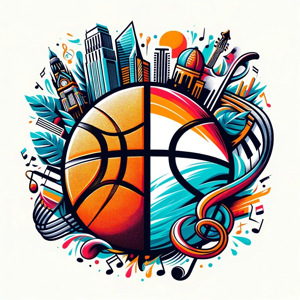A colorful abstract illustration blending a basketball with a city skyline, musical notes, and water elements.