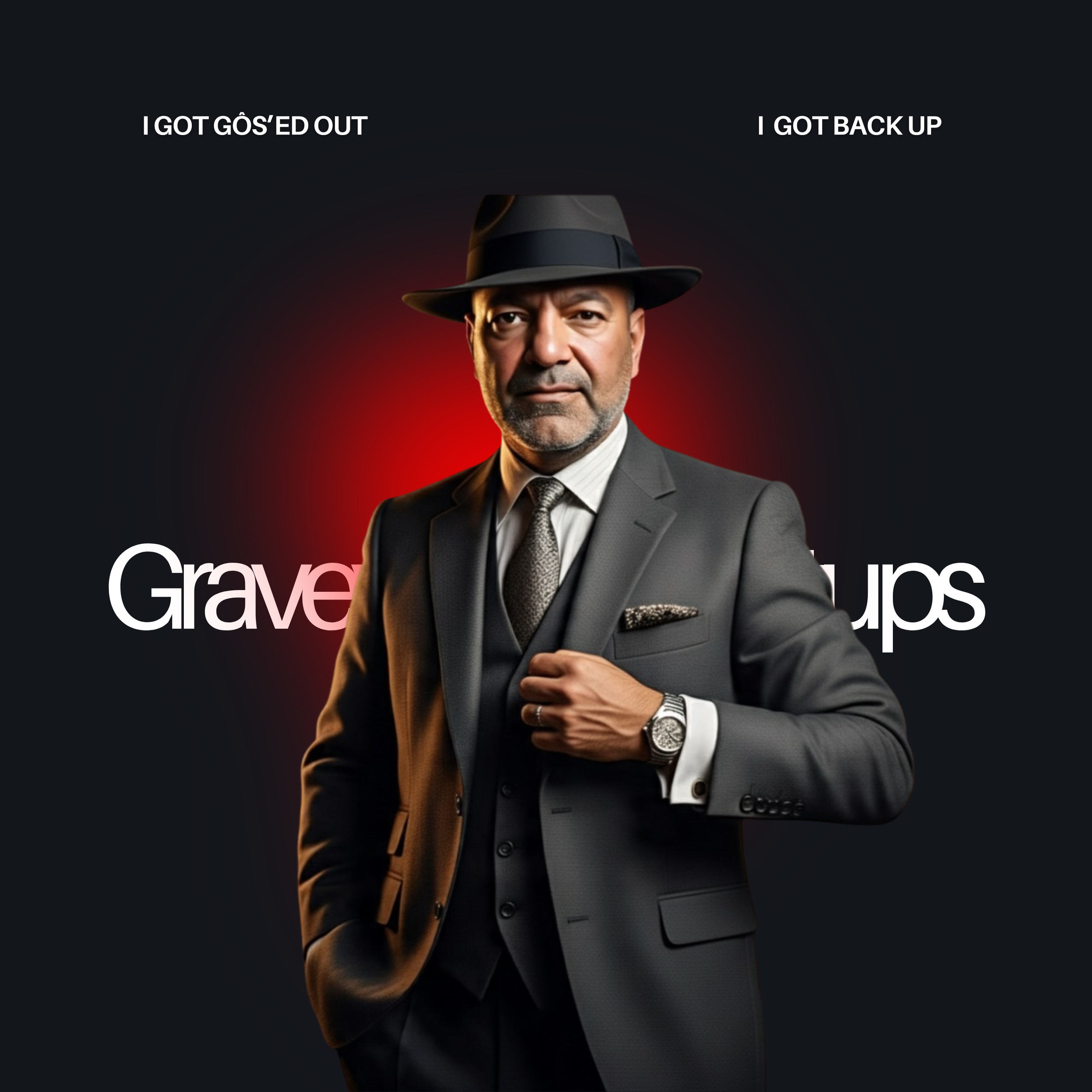 Man dressed in a suit and tie wearing a black fedora, standing with a serious expression, with a dark background and red lighting.