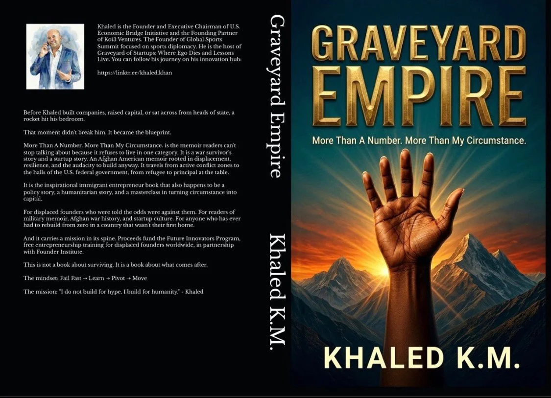 The book cover for 'Graveyard Empire' by Khaled K.M. features a sunset or sunrise over mountain peaks with a raised hand in the foreground, reaching towards the sky.