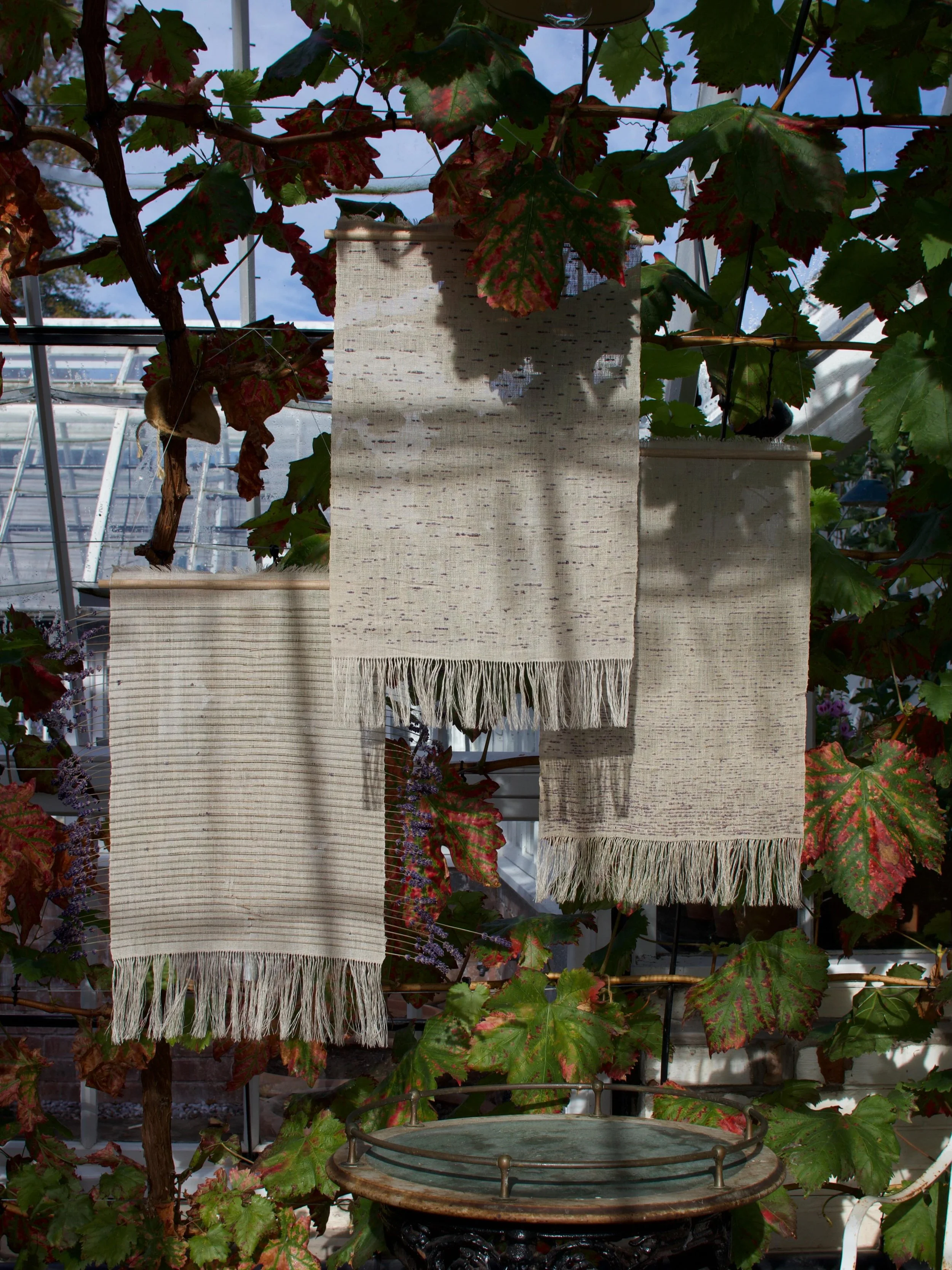The Lavender Trio 

These pieces were created as summer came to an end in Scotland, the glasshouses at the @hugoburgefoundation had been filled with lavender for months, filling the room with a beautiful scent.  The wall hangings intentions were to c