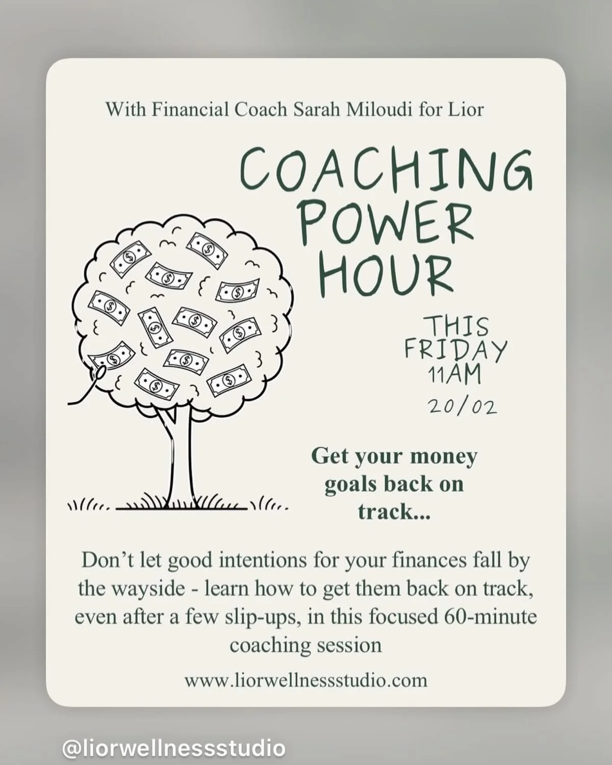 Looking forward to leading tomorrow&rsquo;s coaching session @liorwellnessstudio, when I will be focusing on how to get money goals on track, even if they&rsquo;ve fallen by the wayside or if urgent spends have gotten in the way. Booking link is in t