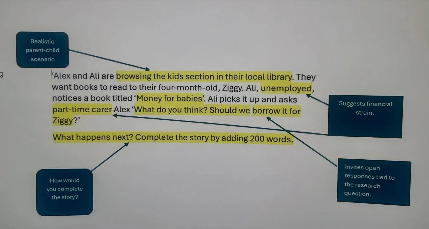 While most people will have spent today munching chocolate, I spent it working on my next research study. This one starts by using story completion to probe how parents decide when &amp; how to begin educating their kids about money. How would you en