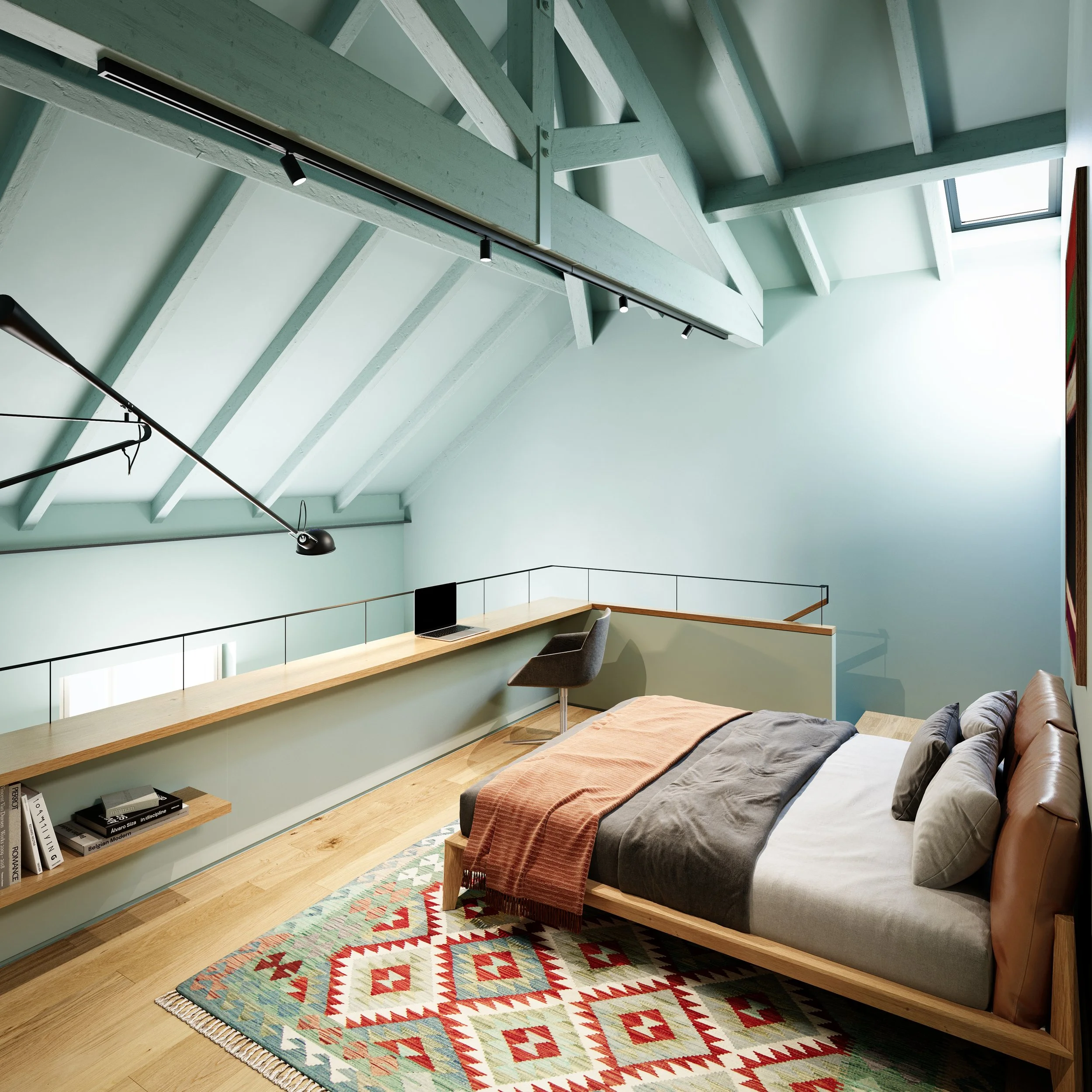 A cozy bedroom with a sloped ceiling, a bed with gray and brown bedding, a colorful geometric rug, a built-in wooden shelf, a desk with a laptop and chair, and large windows letting in natural light.