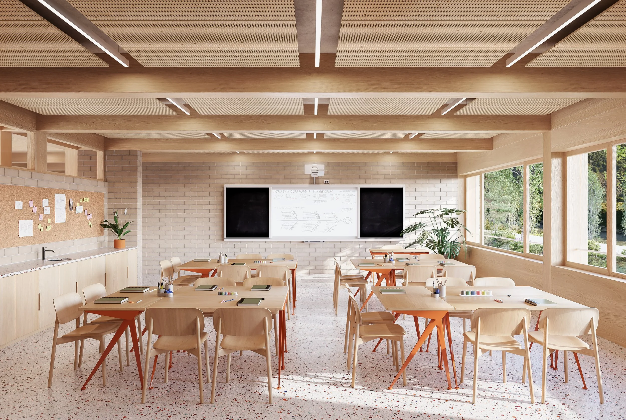 A modern classroom with wooden tables and chairs, large windows on the right, white brick wall, bulletin board with notes, potted plants, and a smartboard at the front.
