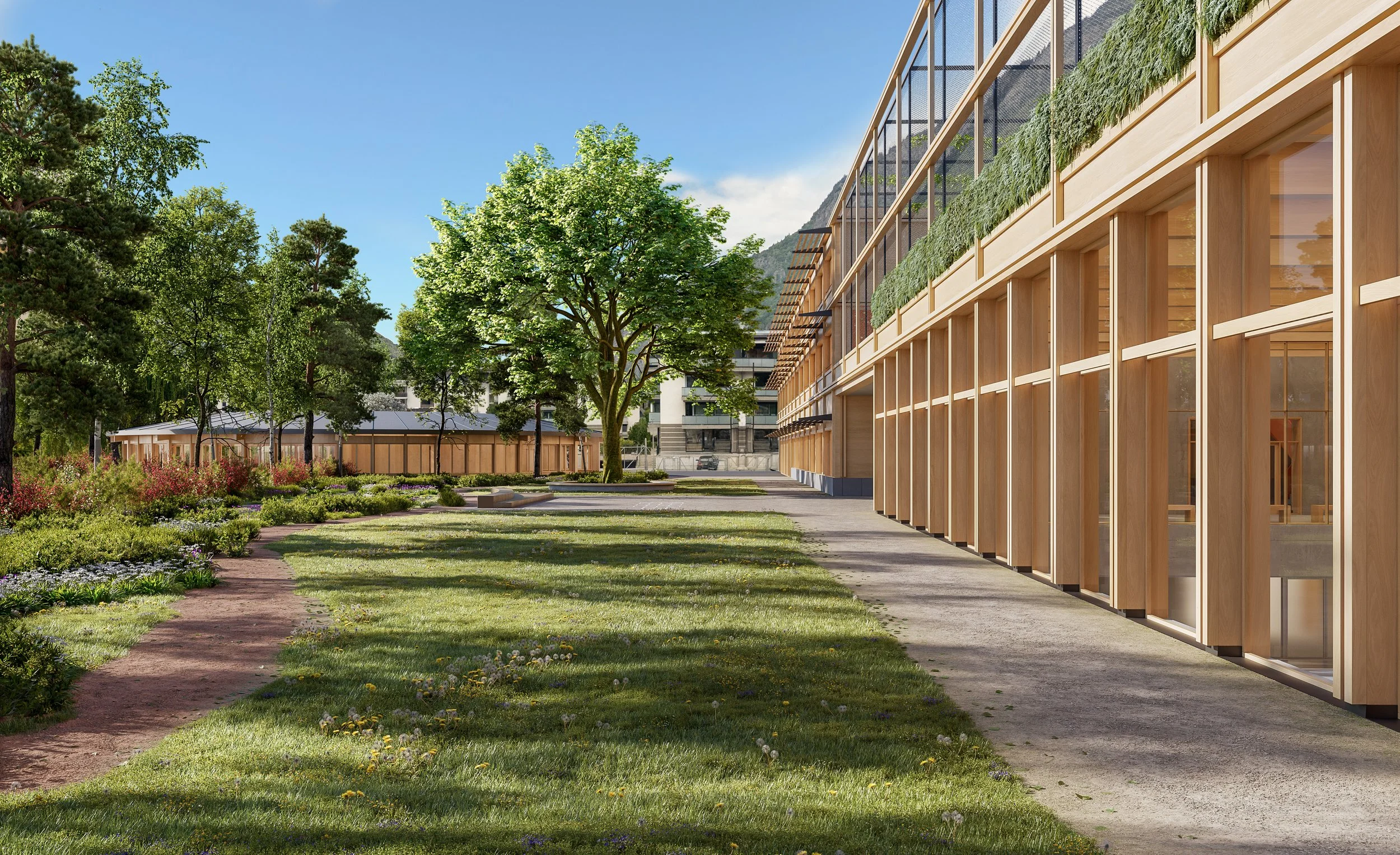 Modern building with large glass windows and wooden framework, surrounded by a landscaped garden and trees, under a clear blue sky.