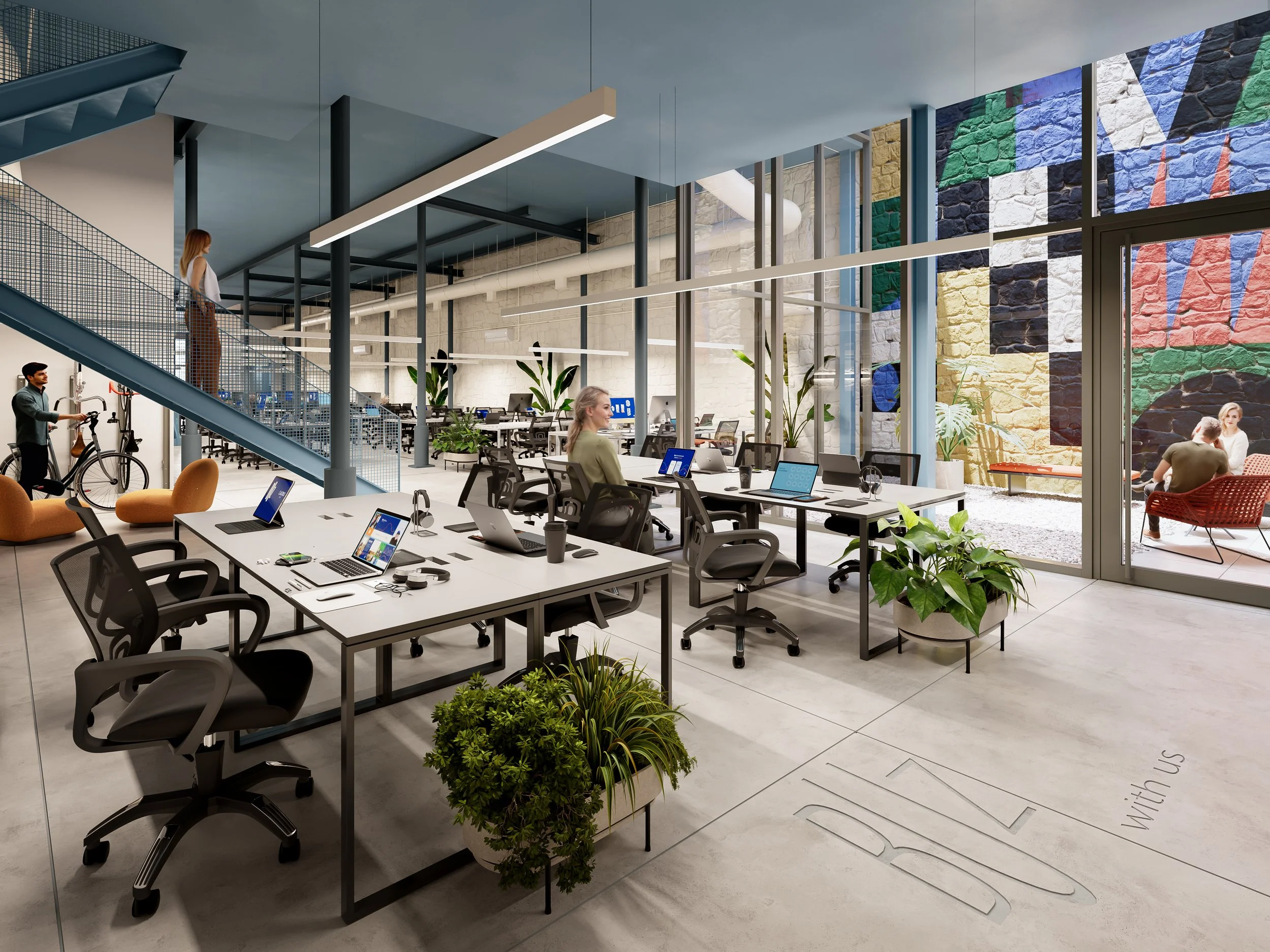 Modern open-plan office with desks, computers, potted plants, and a large colorful mural on glass windows.