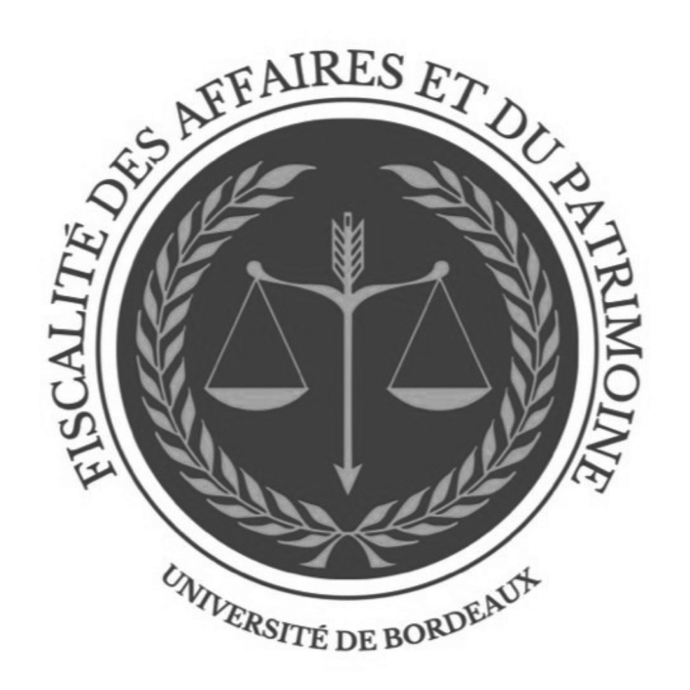Logo de la Fiscalité des Affaires et du Patrimoine de l'Université de Bordeaux avec une balance et des branches de laurier sur fond vert.