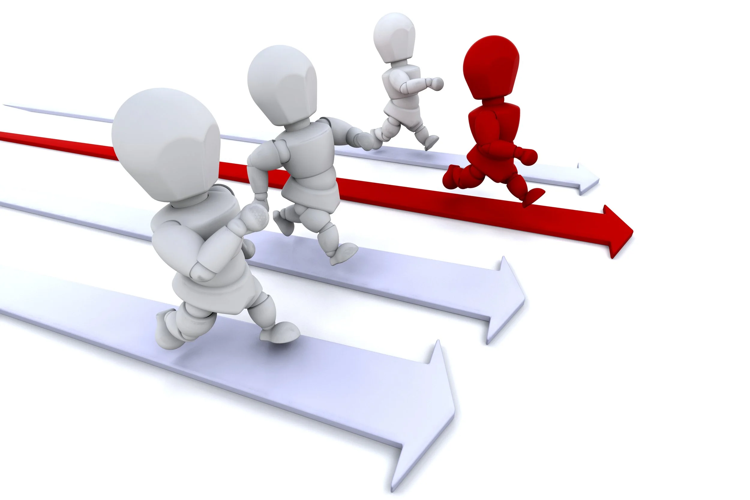 Three white 3D humanoid figures running on white arrows and a red arrow pointing in the same direction.