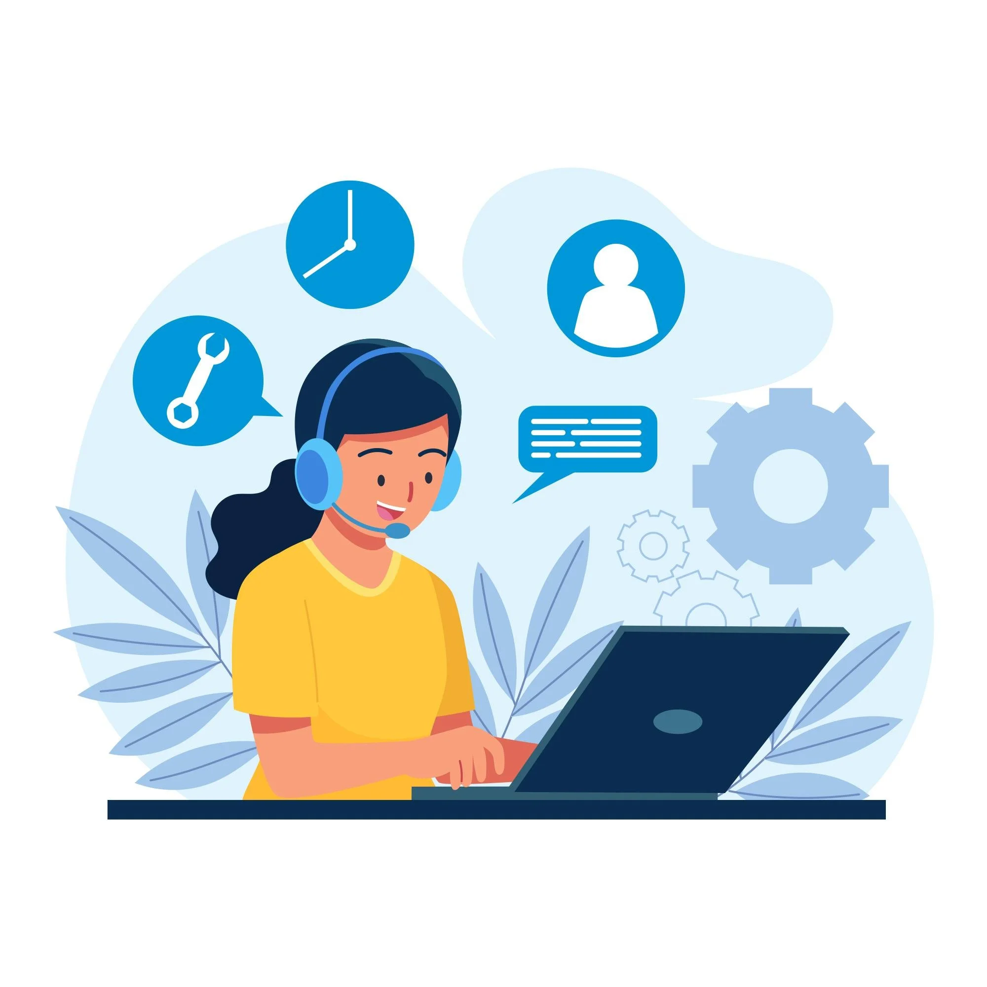 Illustration of a woman wearing a headset using a laptop, with icons of a clock, wrench, user profile, and speech bubble around her, representing customer support or technical assistance.