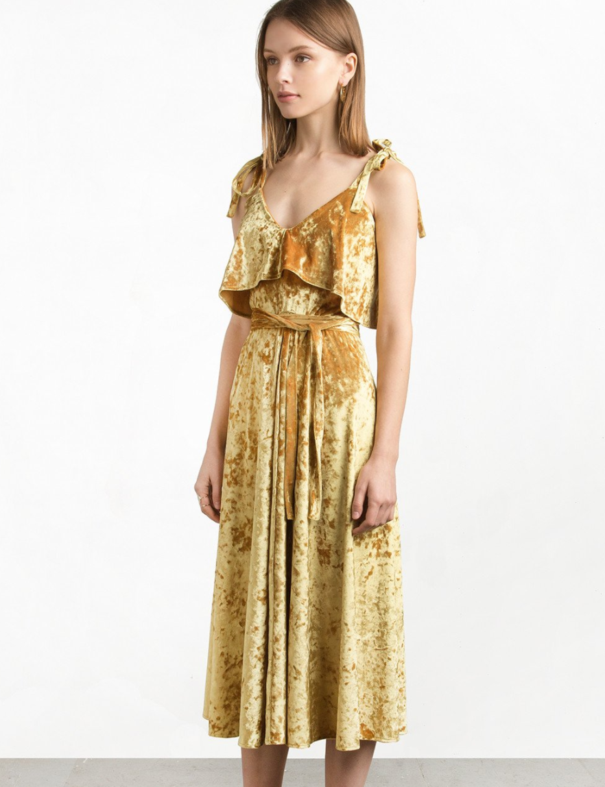 Pixie Market Marigold Velvet Shoulder Tie Slip Dress