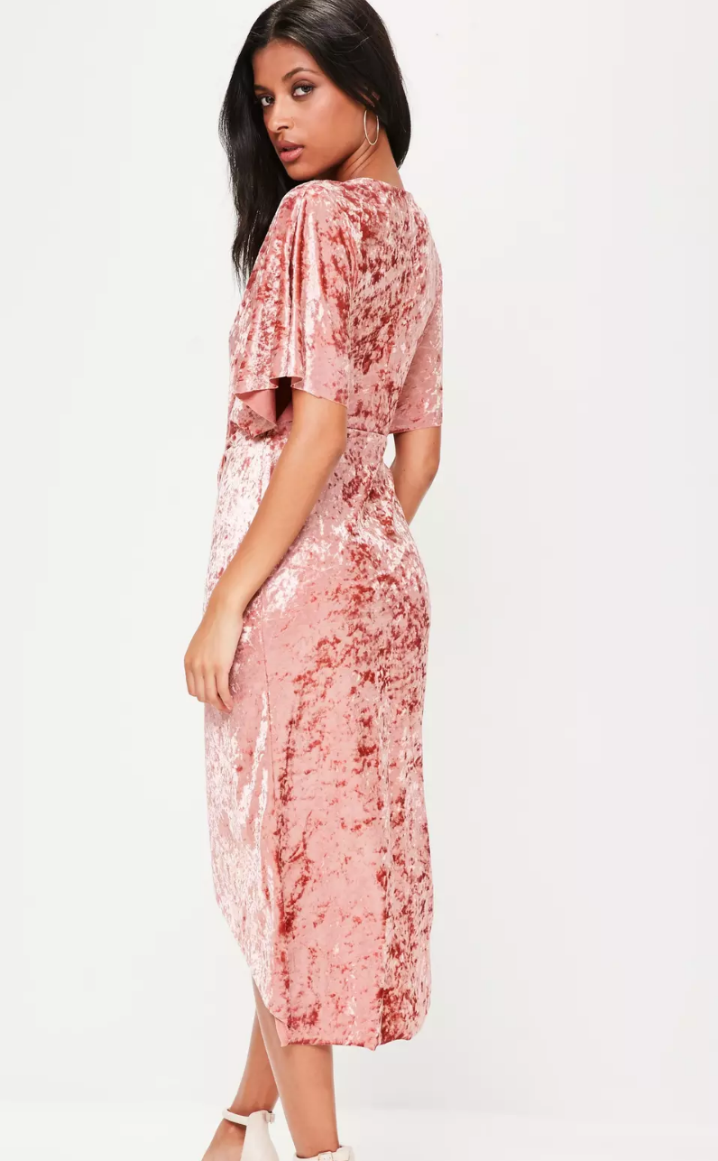 MissGuided Pink Crushed Velvet Wrap Midi Dress