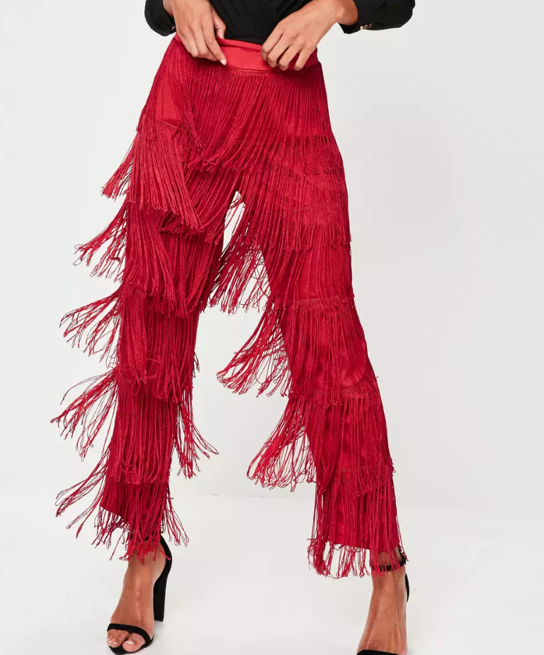 MissGuided Red Tiered Fringe Pants